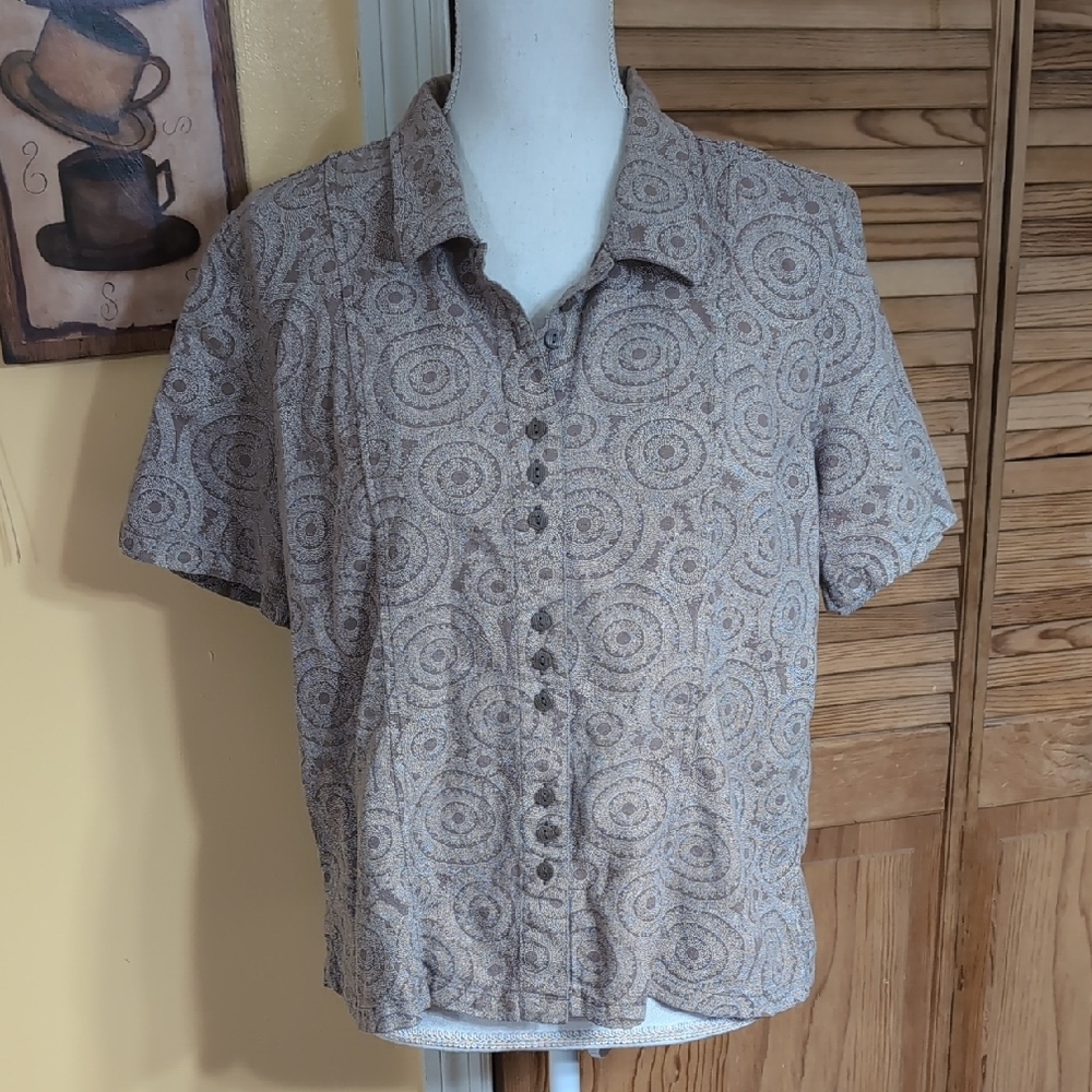 Christopher & Banks Linen Light Brown And White Geometric Button-Down Shirt XL